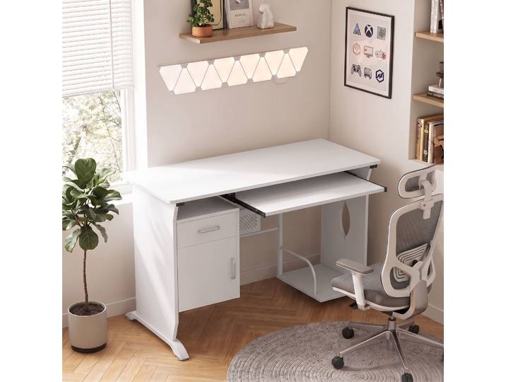 HOMCOM Bureau Blanc 100x52cm Tiroirs Tablette Clavier Support PC