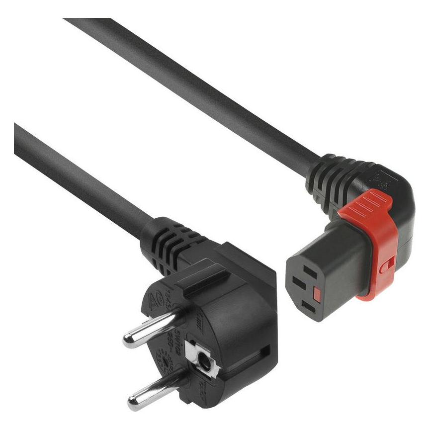 Iec Lock 230V Powercord CEE 7/7 male(angled) to C13 (up angled) lockable, black, 2 meter (2 m) (EL452S)
