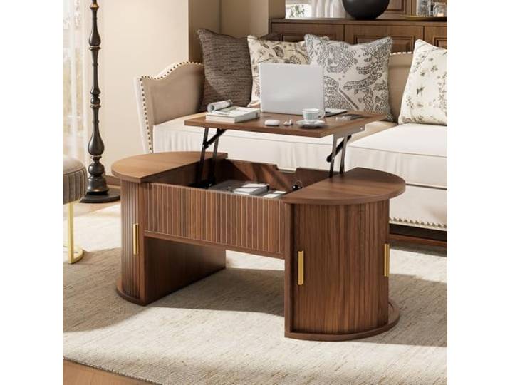 Moderner, höhenverstellbarer Couchtisch , Höhenverstellbarer Couchtisch fürs Wohnzimmer , Offene Regale und versteckter Stauraum , Schiebetüren , Ideal für kleine Wohnungen und Homeoffices (Nussbaum)