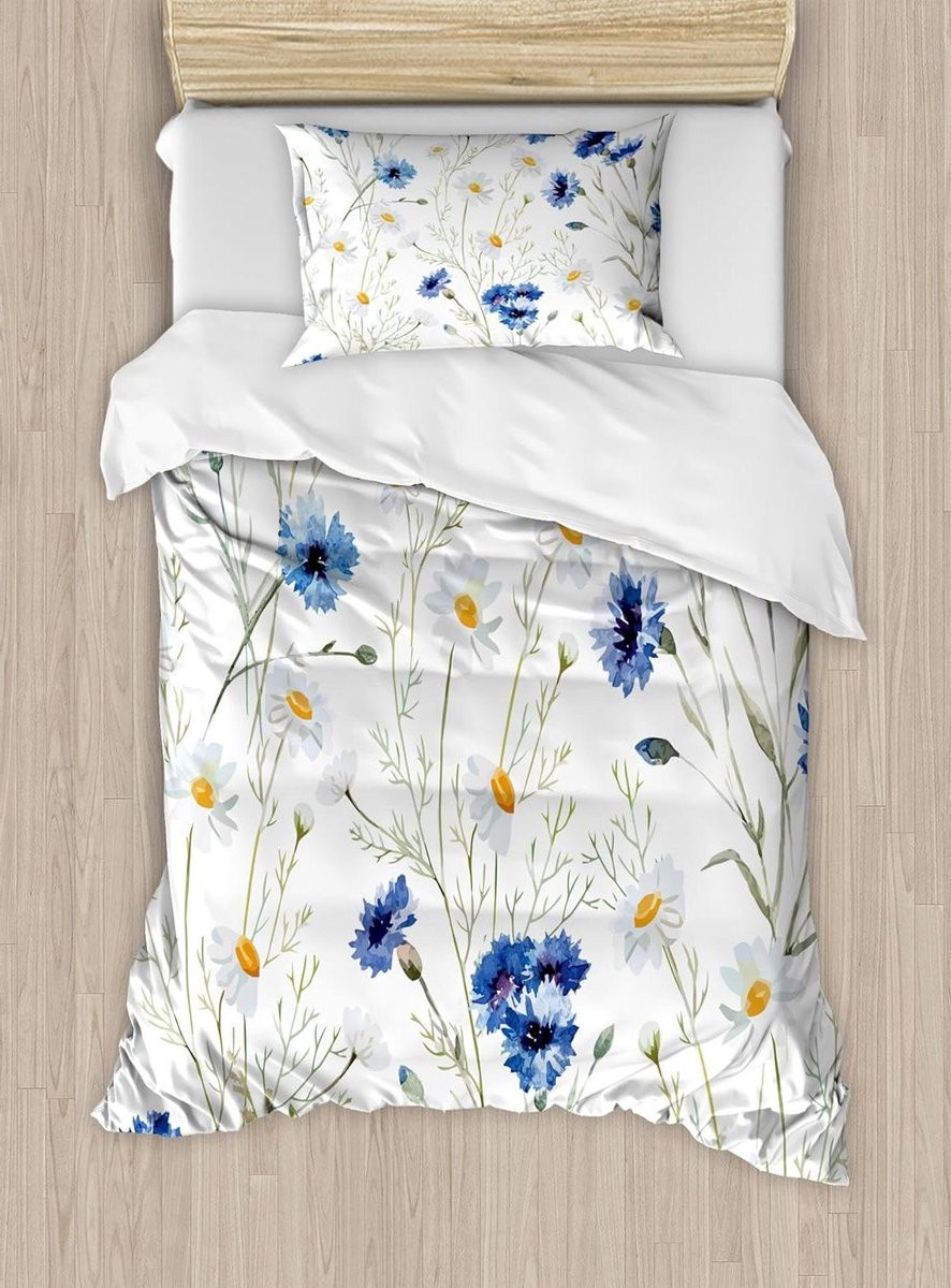 2-delige dekbedovertrek set met bloemenprint in blauw en groen