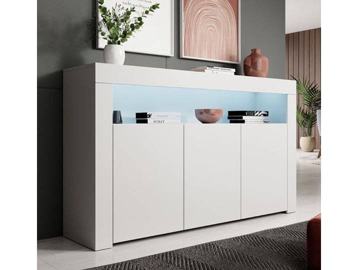 Buffet bas - DESIGN AMEUBLEMENT - Aker - 3 portes - Blanc Mat - LED intégré