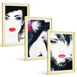 BILDER SET 3er Set - 40x60 cm Goldrahmen - Porträts von Frauen mit Lippen
