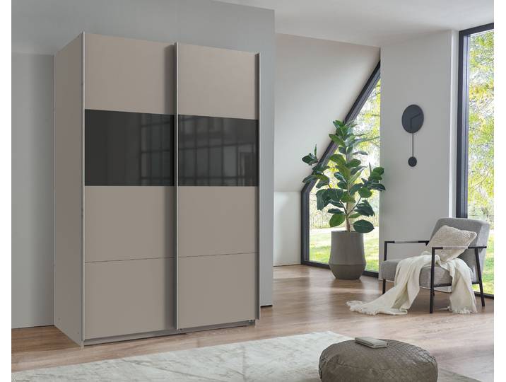 Schwebetürenschrank WIMEX Bramfeld Kleiderschrank , schwarz (saharagrau, absetzung schwarzglas), B:135cm H:198cm T:64cm, Schränke, Schwebetürenschrank, mit Glaselementen und zusätzlichen Einlegeböden
