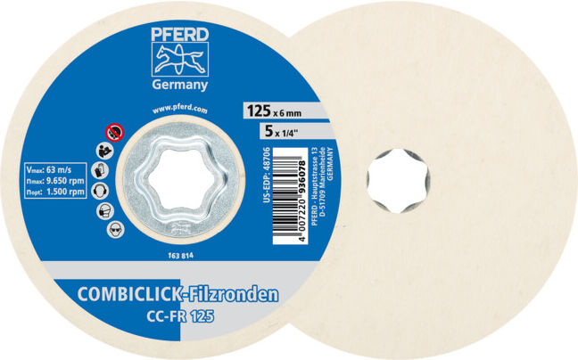 Rondelles de feutre PFERD COMBICLICK CC-FR diamètre 125 mm pour le prépolissage et le polissage miroir avec meuleuse d'angle (44498028)