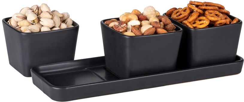 Dipschale WENKO "Snack & Dip", schwarz, H:7cm L:30,5cm, Keramik, Schüsseln, Dipschale, Snackschalen für Knabbereien, Dips & Antipasti, je 300 ml, mit Tablett schwarz B/H/L: 7cm x 30,5cm