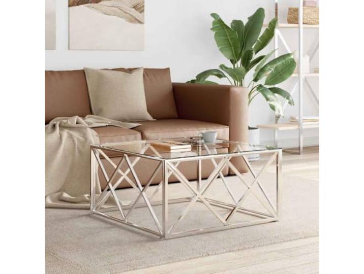 HEFZGDB Edelstahl Glas Couchtisch 80x80x40 cm Beistelltisch mit glatter Tischplatte, langlebig und rostbeständig für Wohnzimmer, vielseitig als Ablagetisch nutzbar
