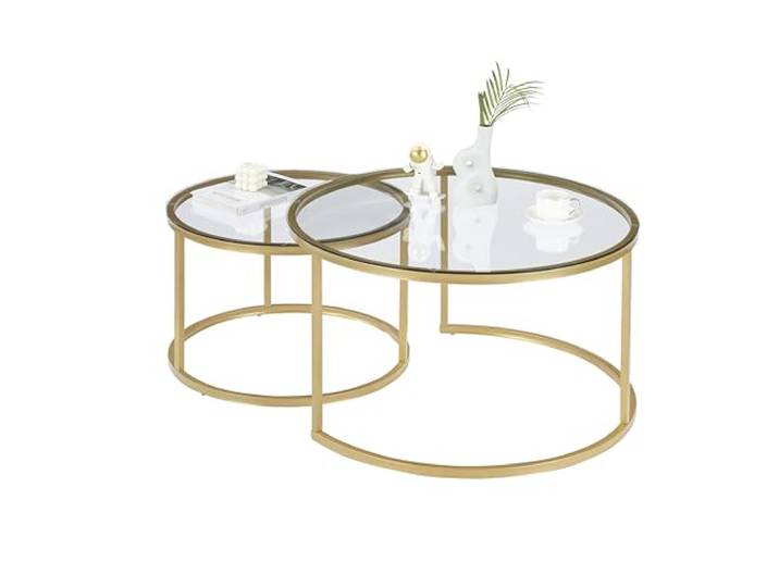 Ginhow Couchtisch Glas 2er Set Satztische fürs Wohnzimmer ø 80 Groß + ø 60 klein Tisch Rund Glas und Gold Stahl Gestell Coffee Table