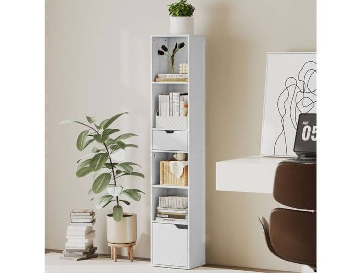 Bibliothèque Étroite 6 Niveaux avec Tiroir Placard Étagère Réglable en Panneaux de Particules Blanche 30 × 24 × 158 cm