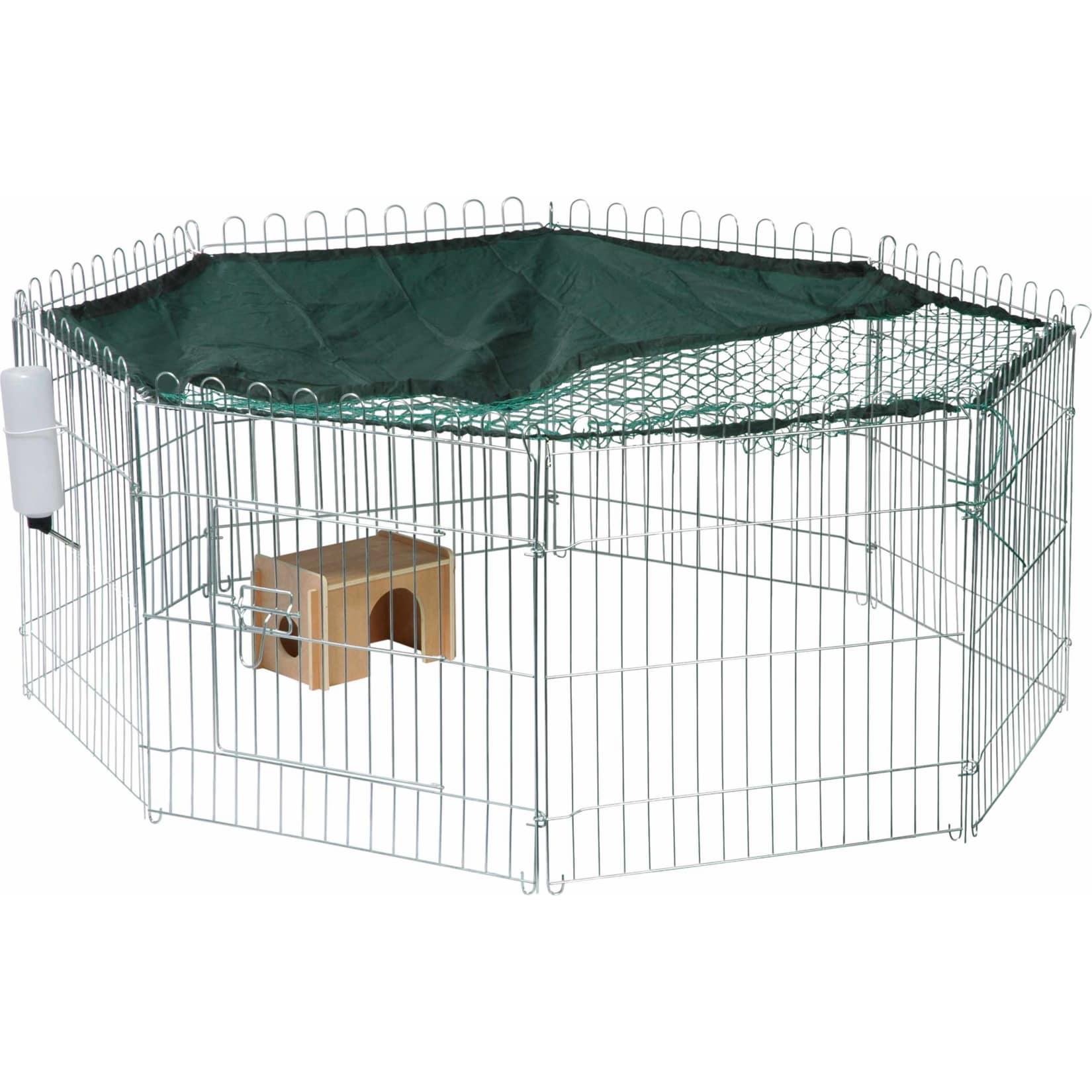 Dobar Großes Freilaufgehege aus Metall (inkl. Schutznetz, Sonnenschutz, Schutzhaus, Trinkflasche) Ø130 cm, 112x112x56 cm