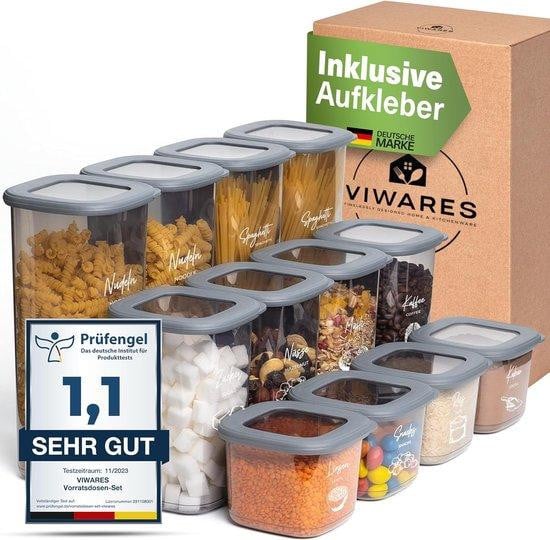 Set van 12 transparante, BPA-vrije en luchtdichte voorraadpotten van plastic, stapelbaar en lekvrij