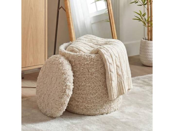 möbelando freiraum Polsterhocker mit Stauraum, rund, Beige, 100% Wolle, Sitzhocker & Fußhocker, Ø 40 x 45 cm