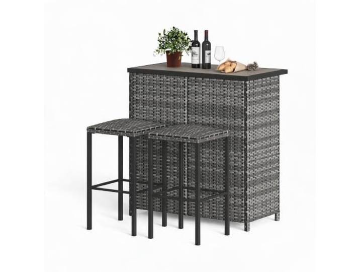 Koioplie 3‑Teiliges PE‑Rattan Bar‑Set Mit 1 Stehtisch & 2 Barhockern Outdoor Barset mit integriertem Stauraum, platzsparende Garten‑ & Balkonmöbel, wetterfest Stahlrahmen, Grau