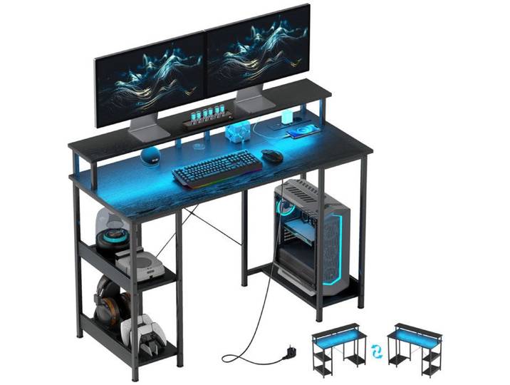 Bureau PC Réversible 120x50cm Noir avec Prises Électriques Port USB Type C LED RGB et Support Moniteur