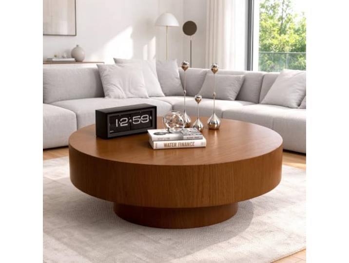 Runder Trommel-Couchtisch Moderner Couchtisch Bauernhaus Rustikaler MDF-Couchtisch, runder Sockel-Akzent-Teetisch für Wohnzimmer, Wohnung, Büro