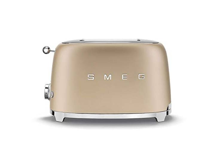 Smeg, 2x2 TSF01CHMEU -Toaster, 2 Schlitze für 2 Scheiben, 6 Vergoldungsniveaus, Heizfunktion, Abtau- und Bagel- Funktion, Sammelschublade, 950W, Matt Champagner