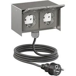 ledscom.de Außensteckdose 2-fach STEDDA und 2m Kabel, IP44, Edelstahl edelstahl waagerecht, Steckdosen für Garten, Terrasse und Außenbereich