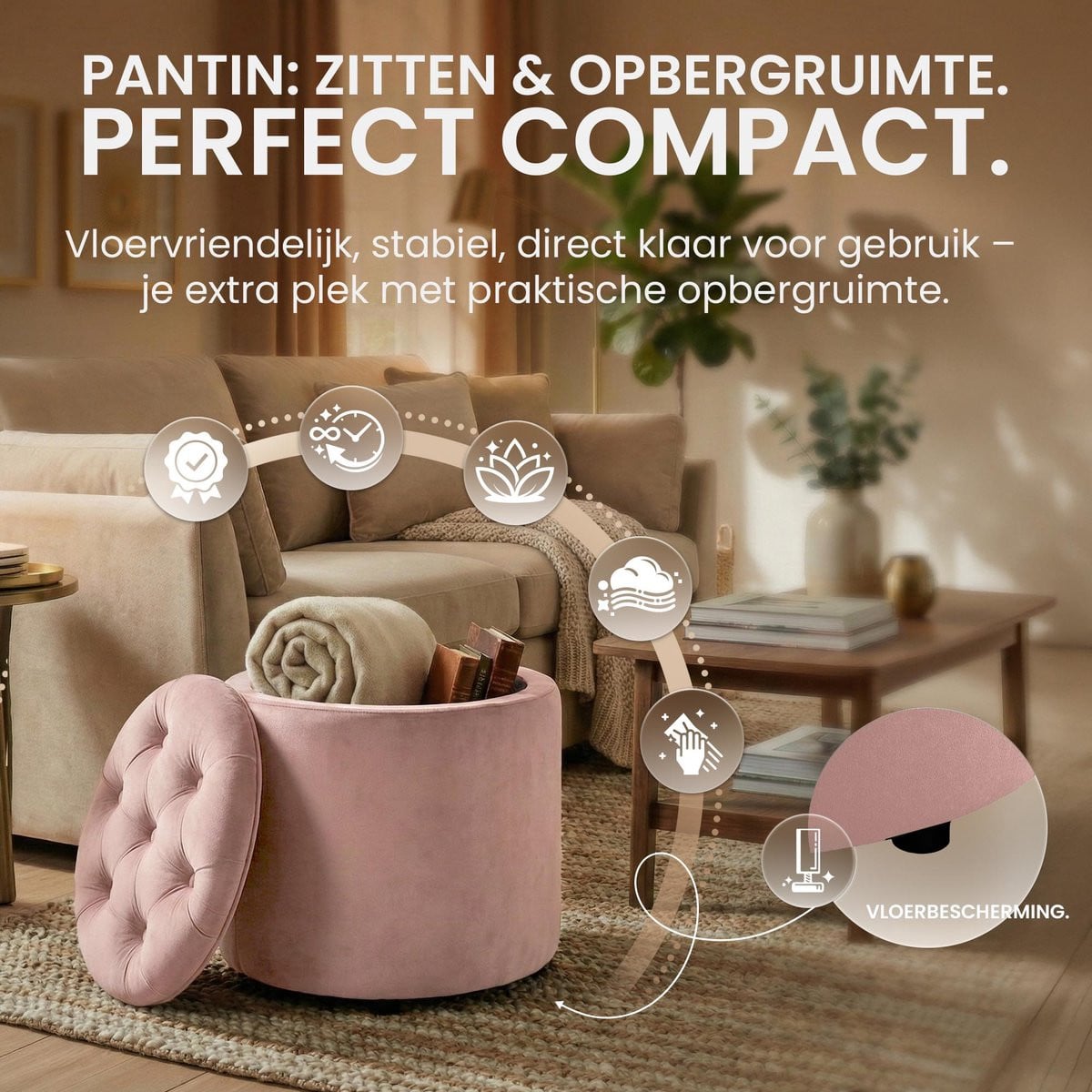 CLP Pantin Ronde Poef met Opbergruimte Chesterfield Velvet Rosa