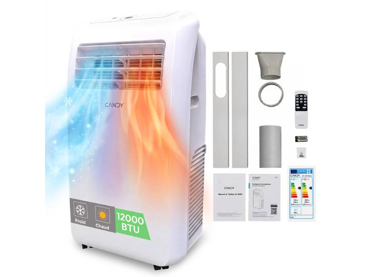 Candy Climatiseur mobile refroidissement et chauffage rapides 12000 BTU, Unité AC intelligente 4 en 1, Pour pièces jusqu'à 35 ㎡, 3 vitesses, Minuterie 24 h, Kit de fenêtre inclus, Classe énergétique A+, Propulsé par Haier