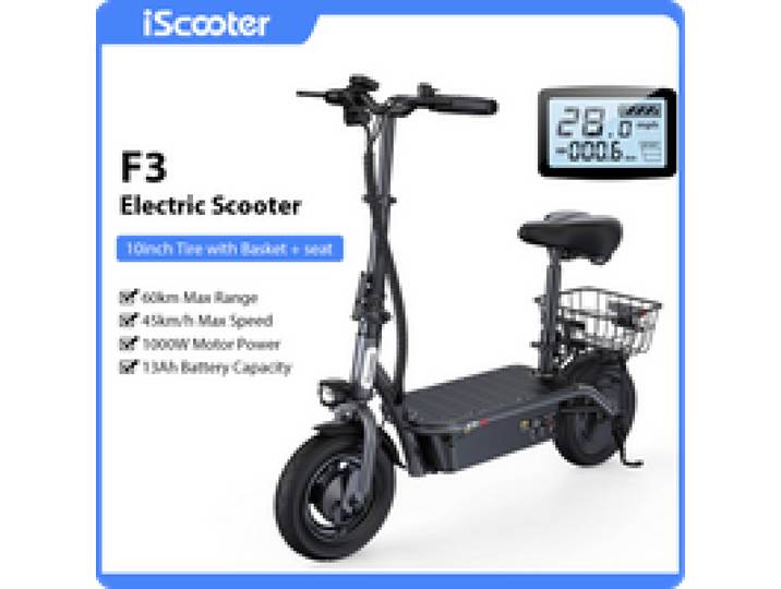 iScooter F3 48V 13AH Elektrische Scooter met Hoge Vermogen, 25 km/u Snelheid, 10 Inch Banden, Zadel en Mandje voor Volwassenen
