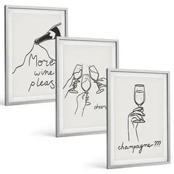 BILDER SET 3er Set - 40x60 cm Silberner Rahmen - Champagner-Wein-Linienzeichnung