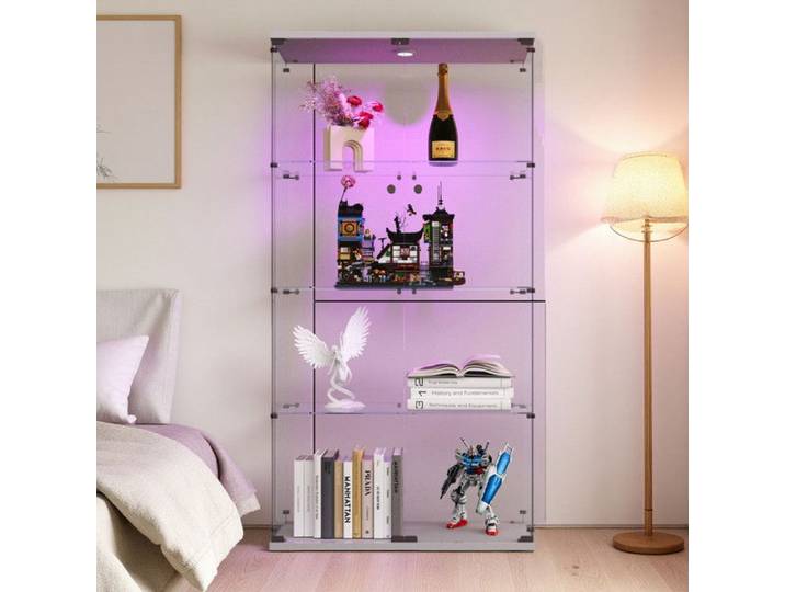 Vitrine en Verre - 4 Étagères - Éclairage LED - 163x80x36 cm - Blanc Moderne