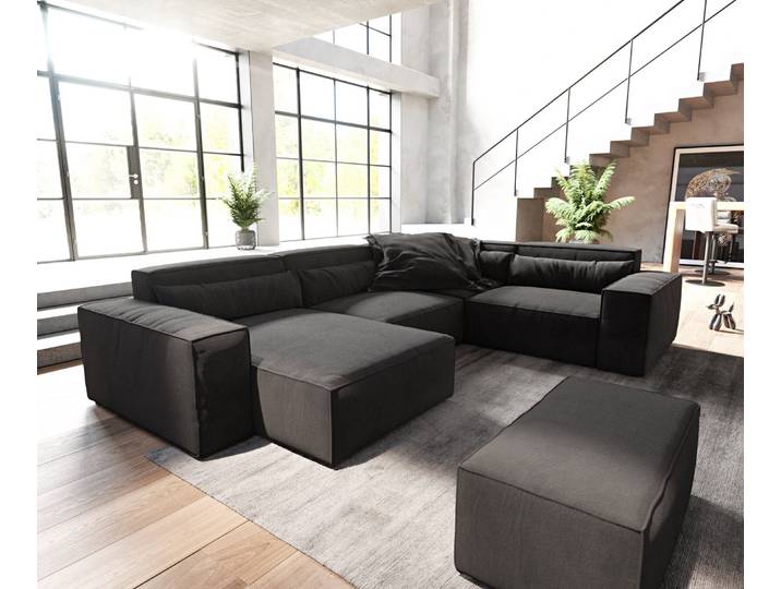 Wohnlandschaft Sirpio 300x210 cm Mikrofaser Schwarz Recamiere variabel mit Hocker, Wohnlandschaften