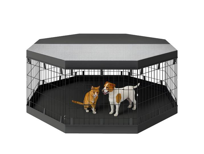 PawHut Parc pour chien, enclos chien intérieur, 8 panneaux pliables, avec porte, couverture supérieur, acier, 61 x 61 cm, noir