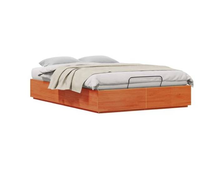 SKTQYQO Ottoman-Bettgestell, braun, gewachst, 135 x 190 cm Massives Kiefernholz, Gasheber, großer Stauraum, seitliche Griffe