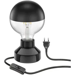 ledscom.de E27 Porzellan Tischlampe TIX, rund mit Stecker und Schalter, schwarz, 90mm inkl. E27 Lampe 660lm warmweiß