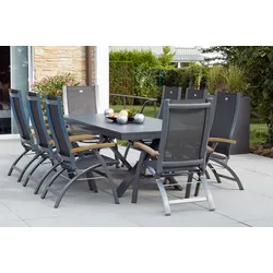 HARTMAN Sondermodell Xanadu / Primo Garten-Essgruppe, xerix/natur, Alu/Teak/Glaskeramik, 8 Klappstühle, 220/280x100cm, X-Gestell, Teak Armlehnen