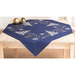 Stickmitteldecke "Weihnachtsdorf dunkelblau/gold"