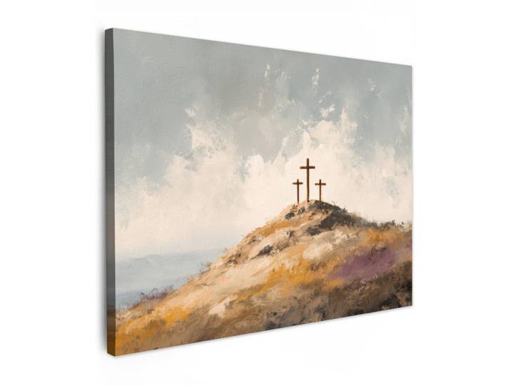 MuchoWow Leinwandbild - Hügel - Abstrakt - Christentum - Kreuz - 80x60 - Malerei, Hellgrau, Textil, Kiefer, Rechteckig, 80x60 cm, gerahmt, Bilder & Rahmen, Bilder, Wandbilder
