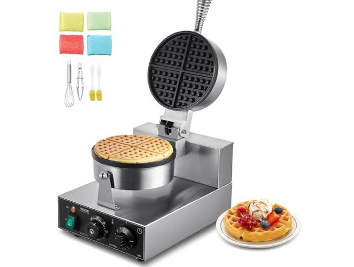 VEVOR Gaufrier Commercial 1230 W\, Appareil à Gaufre Ronde en Acier Inoxydable\, Machine à Gaufre Antiadhésive\, avec Contrôle de la Température et du Temps\, pour Restaurant Boulangerie Snack Bar