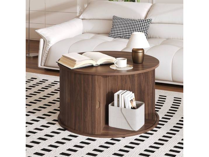 Koioplie Table basse ronde 28  mid-century avec rangement et porte coulissante tambour bords arrondis Dark walnut