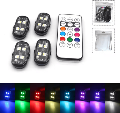 Of Wheels Deals Rechargeable LED Strobe Lights, Car Atmosphere Light, Wireless Anti Collision LED Warning Lights, 8 Color Car Decor 4pcs rgb