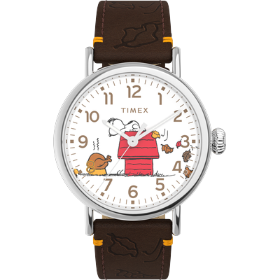 Quarzuhr TIMEX "TIMEX x PEANUTS TIMEX WATERBURY", braun (dunkelbraun), Armbanduhren, Damen, Quarzuhr, Armbanduhr, Herrenuhr, Damenuhr, Lederarmband, Leuchtzeiger