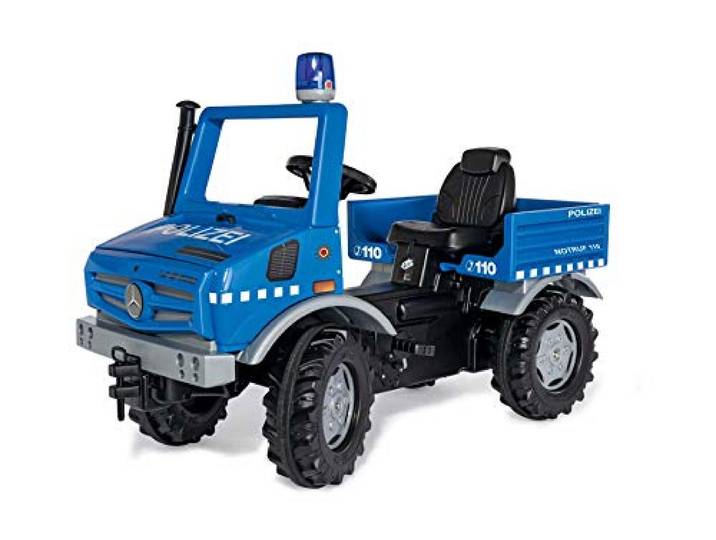 Rolly Toys Unimog Polizei Tretauto ab 3 Jahren Polizeiauto zum selber fahren mit Flüsterlaufreifen und Blinklicht Tretfahrzeug, Tretauto ab 3, 038251, Groß, Blau