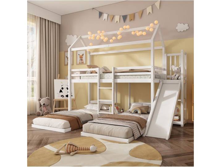 VUENOR Lit superposé enfant 90x200 cm blanc – 3 couchages avec toboggan sans matelas