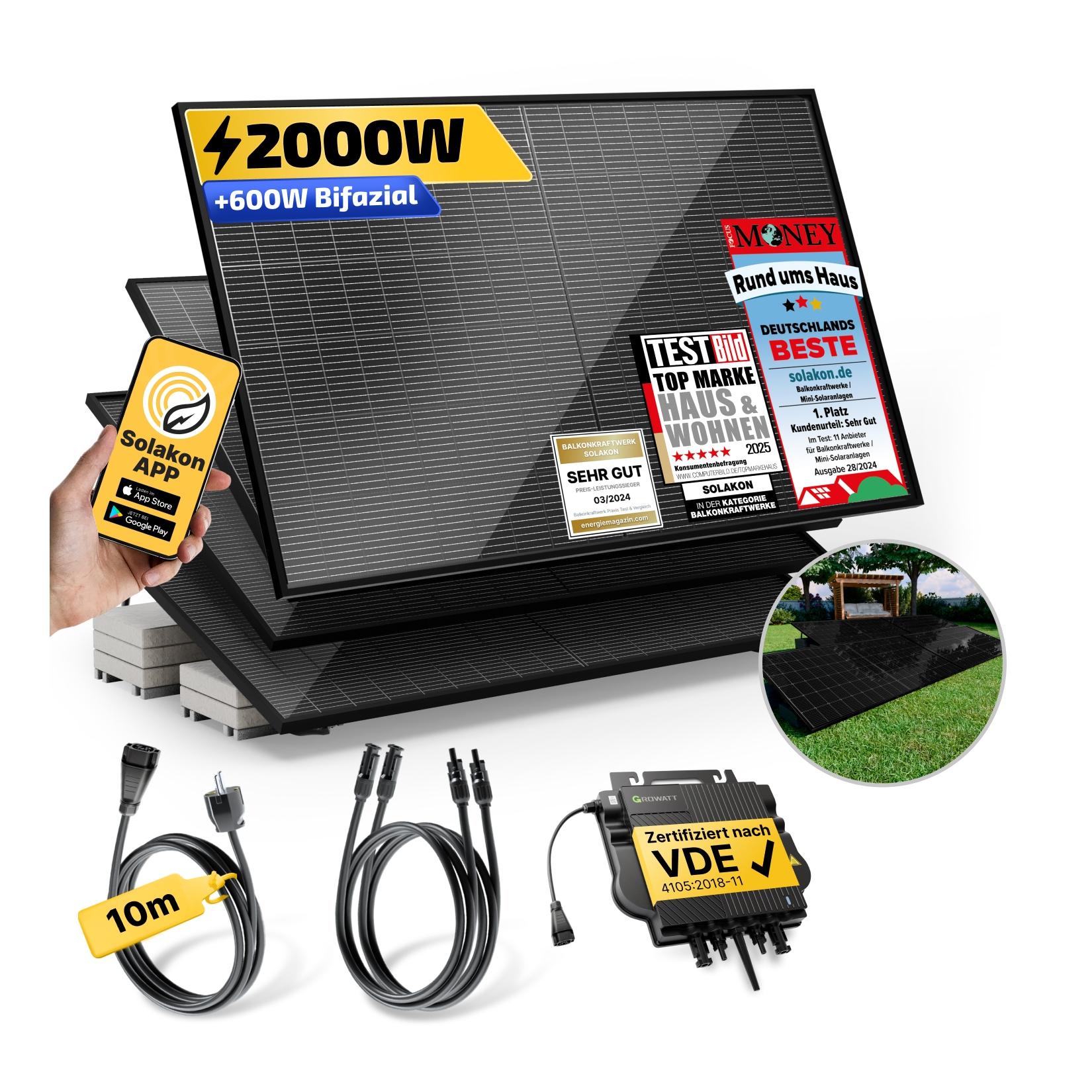 Balkonkraftwerk 2000W/800W Solaranlage mit Garten Halterung Steckerfertig WIFI Komplettset Photovoltaik Anlage 800W, Kabellänge: 10m