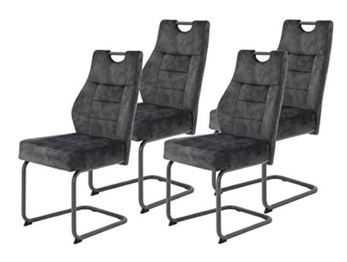 Hela Tische, 4er Set Esszimmerstuhl Schwingstuhl Linda, Mikrofaser Anthrazit, Rundrohgestell grau, Komfortsitz Federkorb, 140kg belastbar