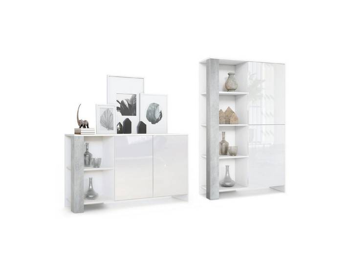 Vladon Wohnwand Venedig, (Wohnraum Set, bestehend aus 1 Highboard und 1 Sideboard), Weiß matt, Weiß Hochglanz, Beton Oxid Optik