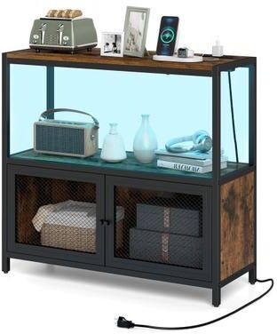 Costway Industrial Coffee Bar Cabinet with LED Lights and Charging Station-Rustic Brown