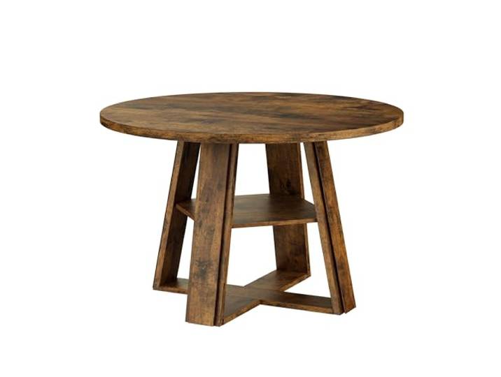 GarveeMore Platzsparender runder Esstisch 110 cm für 2–6 Personen, Vintage Küchentisch im Landhaus/Farmhouse-Stil, Holz-Säulenfuß mit Ablagefach, ideal für Küche & Esszimmer