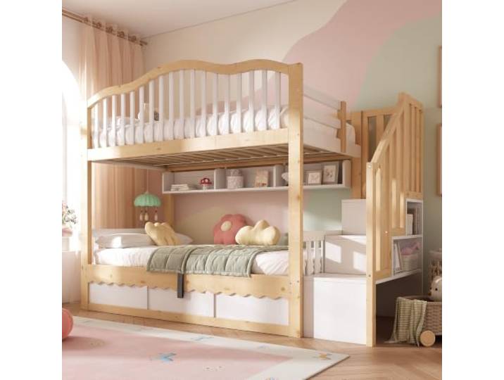 BXEYXE Etagenbett 90x200 Kinderbett mit Hydraulischem Stauraum - Holz Hochbett mit Sicherheitstreppe & Regal, Rausfallschutz, EN 747-1:2024 Zertifiziert, Weiß & Eiche, 252x98x170cm