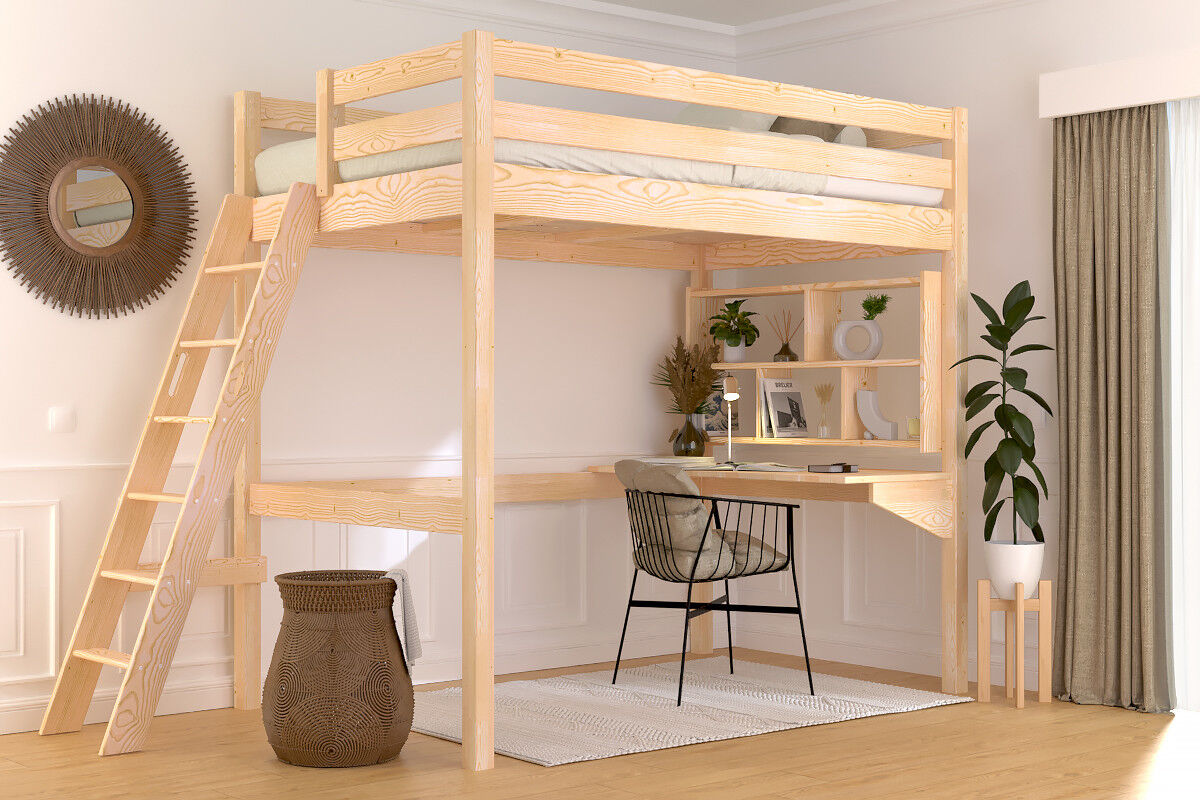 ABC MEUBLES Hochbett holz mit Leiter Sylvia - 120x200 schräge Leiter - Roh (ohne Lack)
