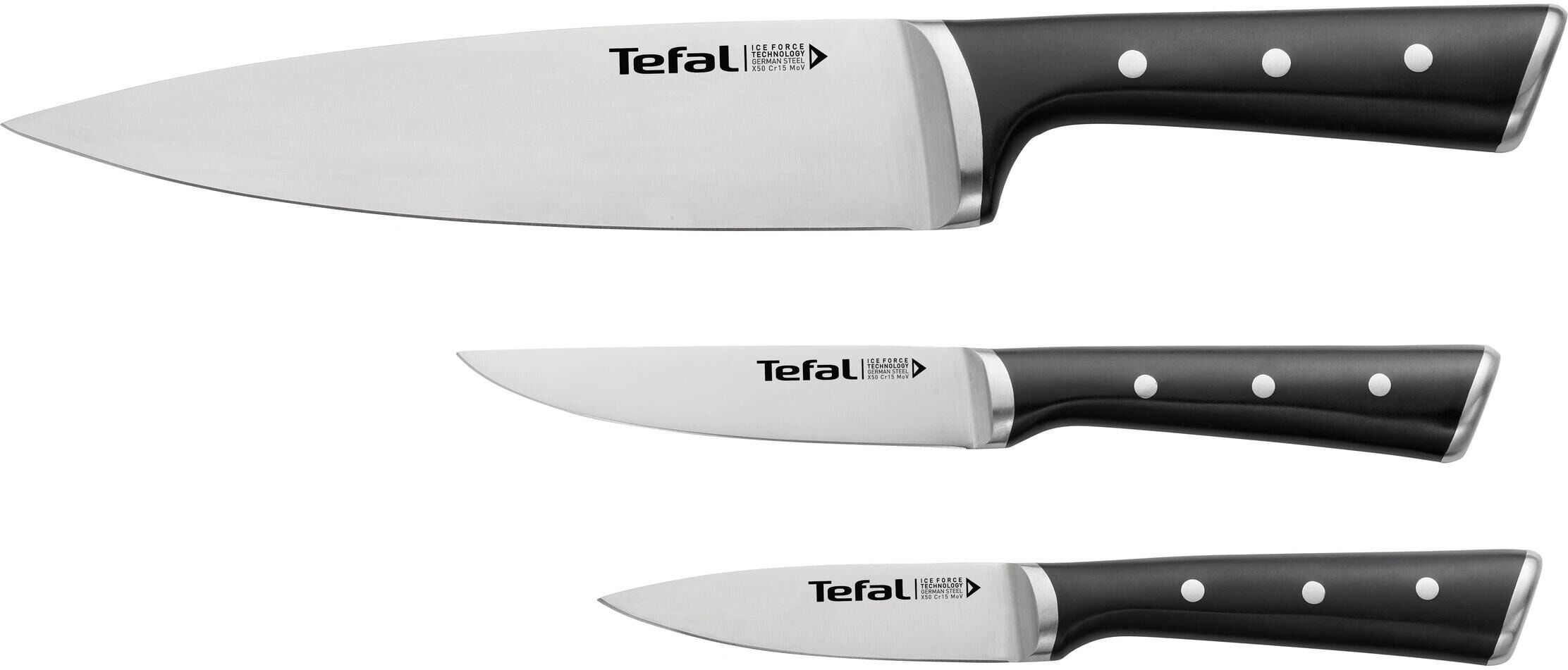 Messer-Set TEFAL "Ice Force 3-teilig", schwarz, Edelstahl, Kochmesser-Sets, Messer-Set schwarz Einheitsgröße