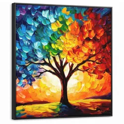 LEINWAND Bilder mit Rahmen - Baum - Kunst - Natur - Sonnenuntergang - 90x90