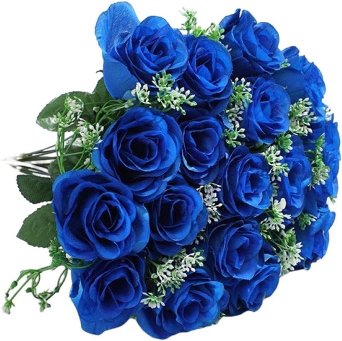Blauw kunstmatig boeket met rozen voor grafdecoratie, 36 cm hoog