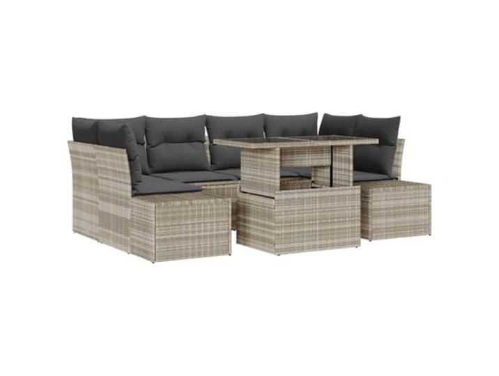 ZQQLVOO Sofa Set 7 STK. Hellgrau Poly-Rattan Modulare Sitze, Ecksofa, Armsofa, Polyesterfaser-Polster, höhenverstellbare Tischplatte, Garten, Terrasse
