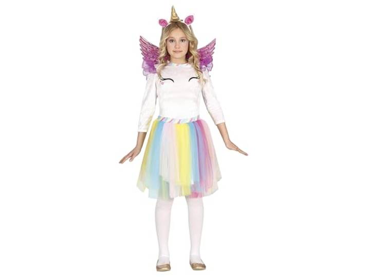 FIESTAS GUIRCA Regenboog eenhoorn met vleugels, meisjesoutfit met kleurrijke tule rok, gouden eenhoorn-haarband, roze vleugels voor meisjes van 7 tot 9 jaar